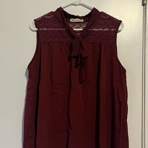 Red Sleeveless Blouse with Tie Front and Bib Collar